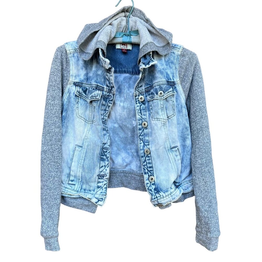 Lei Denim Hooded Light Blue Gray Acid Wash Jacket Size S